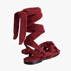 ZARA Tied Flat Leather Sandals - Burgundy Red